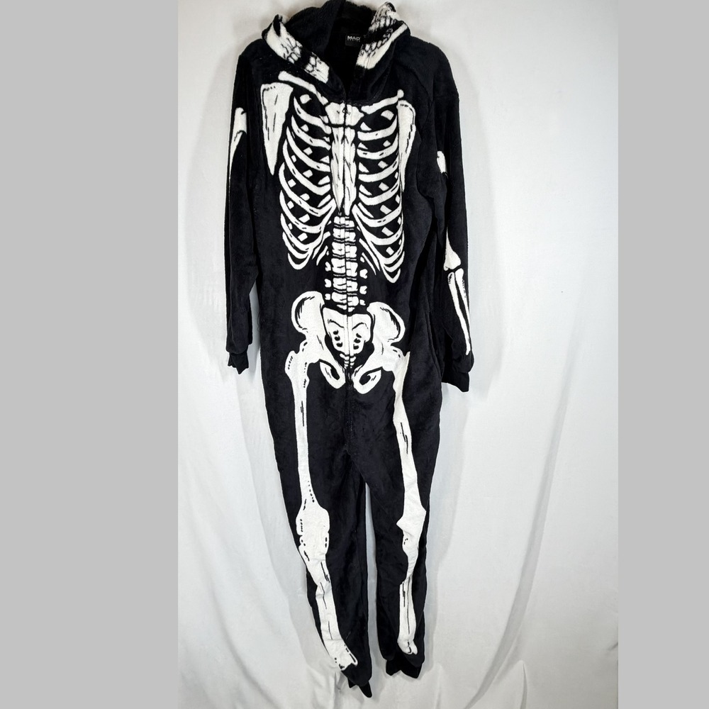 Mad Engine Mens Skeleton Union Suit Black Fleece Hooded Pajamas Large
